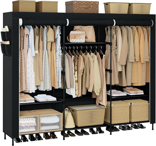 Portable Closet, 81.1 Inch Extra Large Capacity Wardrobe Closet with Cover, Clothes Storage Organizer with Shelves and 3 Hanging Rods, Easy to Assembly, Black PCT133B01