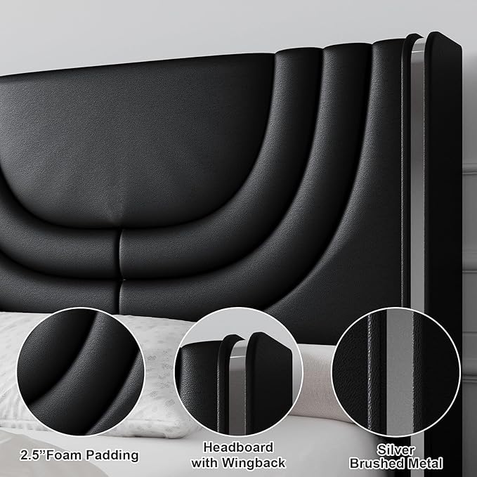 Black Queen Bed Frame with LED Lights, Faux Leather Upholstered Platform with Silver Wingback Headboard, Modern Style, No Box Spring Needed, Easy Assembly, Black