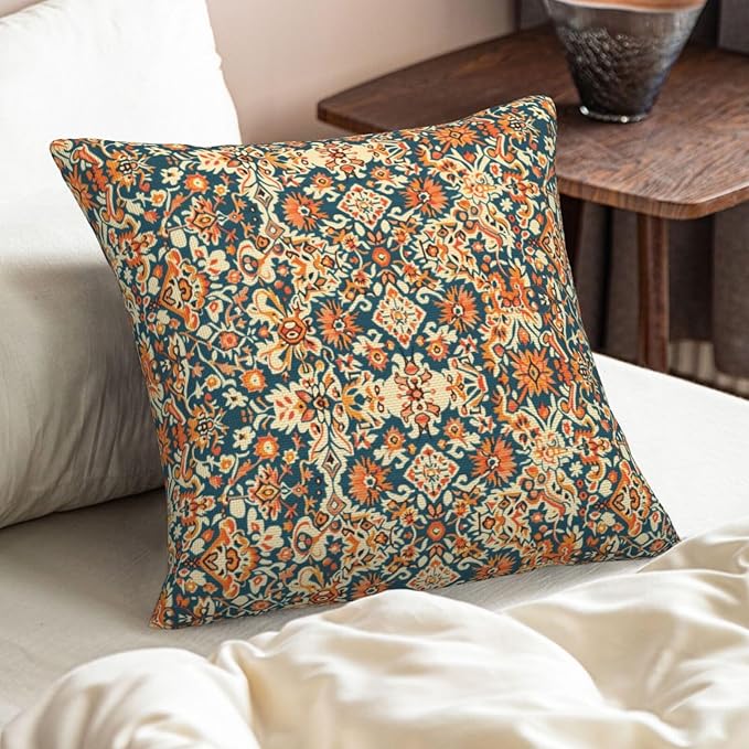 Navy Blue Orange Carpet Pattern Pillow Covers 16x16 Inch Set of 2, Boho Ethnic Style Fall Outdoor Decorative Throw Pillows Vintage Cushion Covers for Sofa Bed Couch Living Room Decor