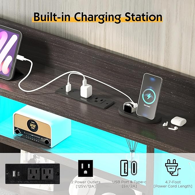 King Farmhouse Bed Frame with Bookcase Headboard and 4 Drawers, LED Storage Bed with Charging Station & Linen Upholstered, No Box Spring Needed,Black