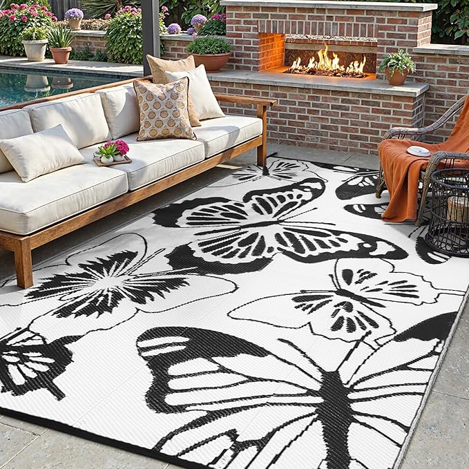 Beeiva Butterfly Outdoor Rug 6x9, Reversible Indoor Outdoor Rugs Waterproof, Lightweight Plastic Patio Rug for Camping, Deck, Balcony, Backyard - Black & White