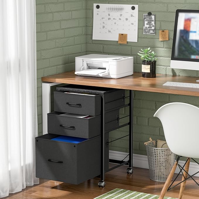 Raybee 3 Drawer File Cabinet Printer Stand Filing Cabinet Rolling File Cabinets for Home Office Fabric Vertical Office Storage Cabinet Fits A4, Legal, Letter Size, 16.7" D*16" W*26.8" H, Black