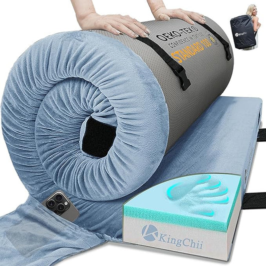 KingChii CertiPUR-US Memory Foam Camping Mattress, Portable Roll Up Travel Car Camping Mattress Sleeping Pad & Floor Mattress, Cot Mattress Guest Bed for Sleepover with Waterproof Cover & Travel Bag
