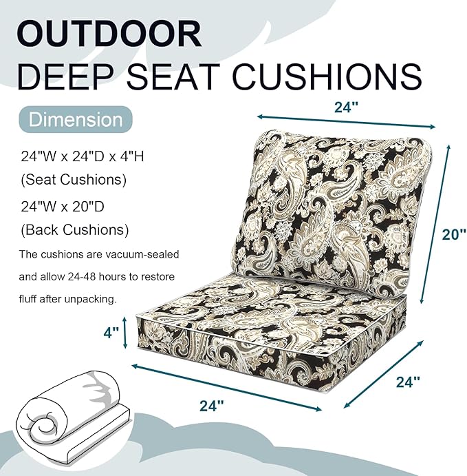 Outdoor Deep Seat Cushions Set 24 x 24 Inch for Patio Furniture,Water Resistant Chair Cushions Replacement Includes Seat Cushion & Back Pillow for Couch Sofa, Wicker Chair - Paisley Black