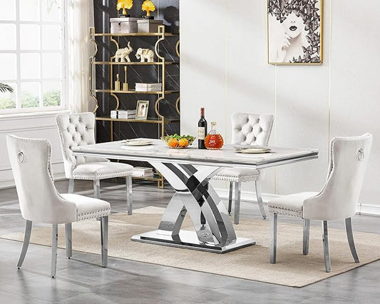 Goujxcy 68" Marble Dining Table Set for 4, Modern Rectangle Dining Room Table Set for 4, Luxury White Silver Marble Kitchen Table and Chairs Set of 4 for Living Room,Kitchen
