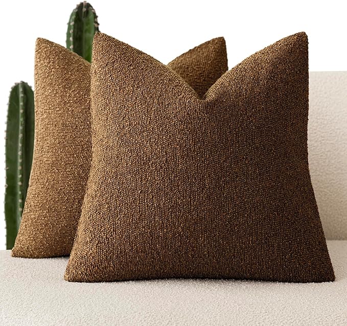 Foindtower Pack of 2 Textured Boucle Throw Pillow Covers Accent Solid Pillow Cases Cozy Soft Decorative Couch Cushion Case for Chair Sofa Bedroom Living Room Home Decor 18x18 Inch Hazel Brown