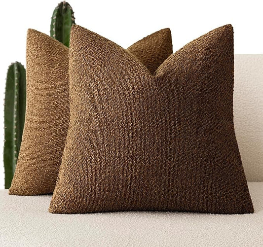 Foindtower Set of 2, Decorative Textured Boucle Throw Pillow Covers Accent Solid Pillow Cases Neutral Soft Cozy Couch Cushion Case for Chair Sofa Bedroom Living Room Home Decor 24x24 Inch Hazel Brown