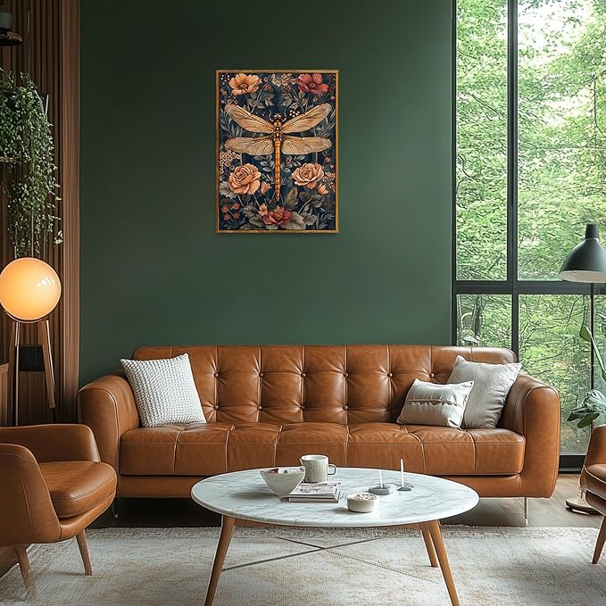 Djmwtb Framed Vintage Wall Art, Dragonfly Wall Decor,Nature Botanical Wall Art for Bedroom, Flower Pictures Paintings Canvas Artwork Prints for Living Room 16x24in