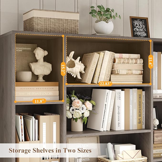 HOSTACK 75” Tall Book Shelf and Bookcase, Bookshelf with Storage Cabinet, 47” Wide Bookcase with 4 Doors, Standing Display Shelves, Modern Farmhouse Book Case for Living Room, Home Office, Ash Grey