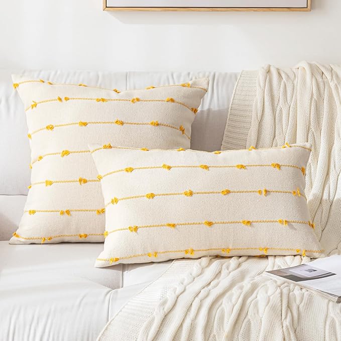 Boho Throw Pillow Covers 12x20 Set of 2 Modern Farmhouse Decorative Cushion Case Tufted Linen Square Pillows Cover Neutral Pillow Cases Accent Pillowcase for Sofa,Couch,Bed,Beige and Yellow