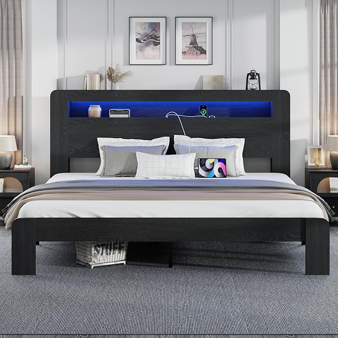 King Size Wooden Bed Frame with Bookcace Storage Headboard, Rustic Farmhouse Bedframe with LED Lights and Charging Station, Sturdy and Stable, Slat Support, No Box Spring Required (Black, King)