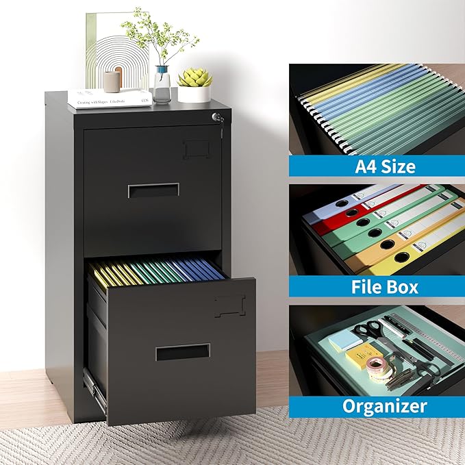 AQY 2 Drawer File Cabinet with Lock, Metal Black Filing Cabinet for Home Office, 18" Deep Heavy Duty Vertical Storage Cabinet for Hanging A4/Letter/Legal Size Files, Assembly Required