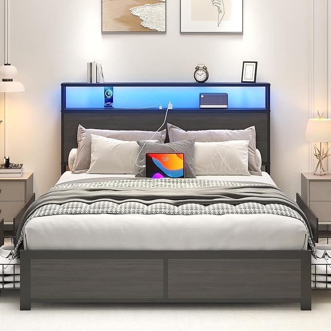 Lifezone Full Bed Frame with 2-Tier Storage Headboard, Metal Platform Bed Frame with 4 Storage Drawers, Built in Charging Station & LED, Noise-Free/Metal Support/No Box Spring Needed, Rustic Grey