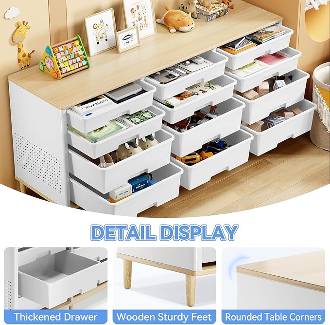 Storage Cabinet with 12 Drawers, Home Storage With Wooden Tabletop, Cube Storage Organizer for Living Room, Bedroom, Classroom, Office, Playroom, Craft Room, (White)