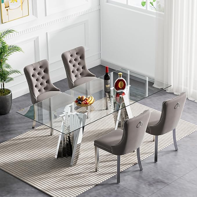 Goujxcy Modern 5 Piece Glass Dining Table Set Luxury Glass Kitchen Table and Chair Set for 4, 70" Large Rectangular Dining Room Table with 4 Tufted Chairs and Stainless Steel Legs (Silver & Grey)