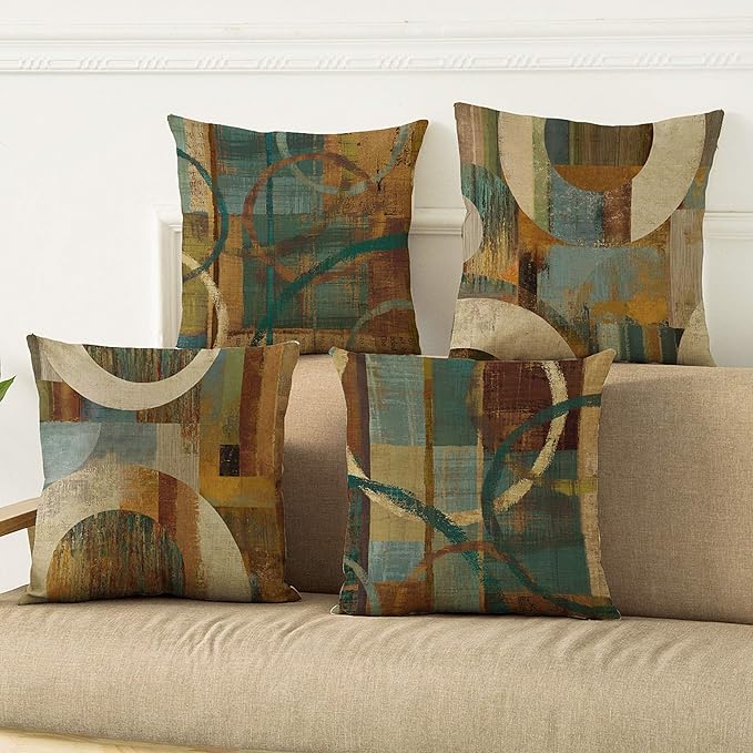WOMHOPE Set of 4 Vintage Geometric Decorative Throw Pillow Covers Pillow Cases Cushion Cases 18 x 18 Inch for Living Room,Couch and Bed (Wooden)