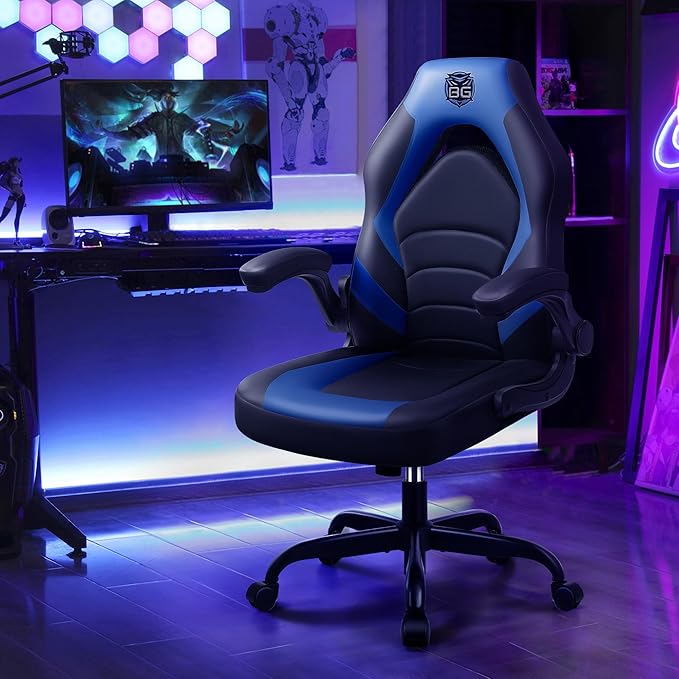 Gaming Chair, Leather High-Back Home Office Desk Chair with Flip-Up Arms, Ergonomic Padded Rolling Wheels Swivel Tilt Gamer Computer Chair with Comfy Lumbar Support, Height Adjustable, Blue