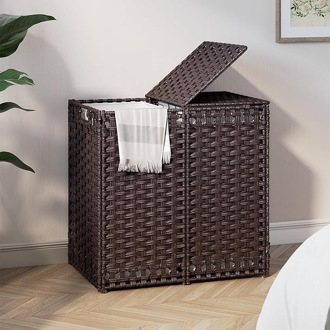 130L Foldable Laundry Hamper with Lid - Handwoven Rattan Storage Basket, 2-Section Clothes Hamper w/2 Removable Liner Bags, Easy Assembly, Portable for Bedroom Bathroom Dorm,Brown