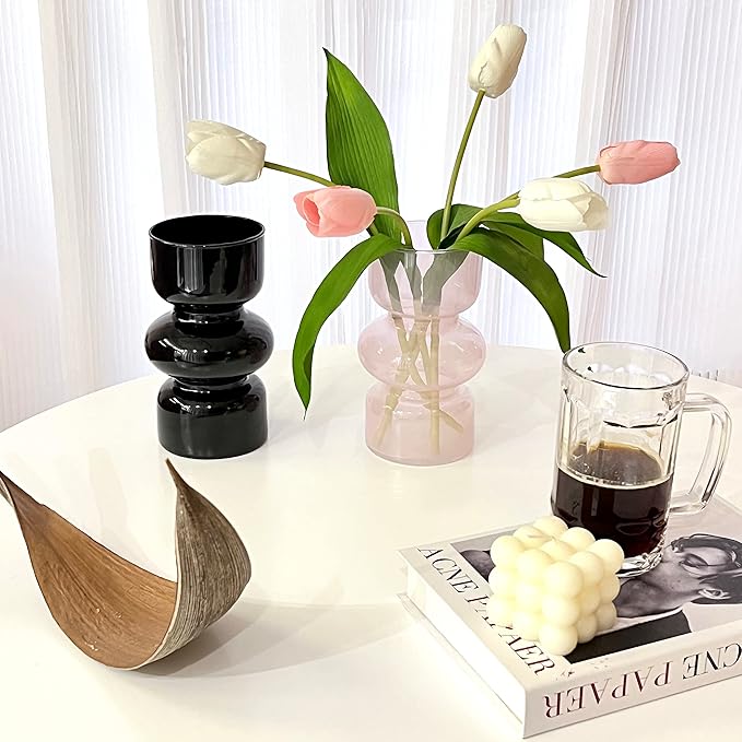 BLOFLO Pink Transparent Glass Hydroponic Vase, 7Inches Colored Glass Vase for Flower, Modern Geometric Three-Layer Floral Vases for Home Office Wedding Table Décor(Pink)