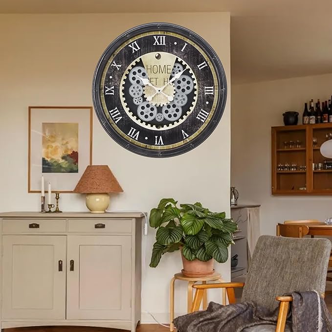 20 Inch Steampunk Wall Clock with Decorative Gears, Industrial Vintage Analog Clock for Living Room, Farmhouse, Office Decor, Silent Non-Ticking Battery Operated,Brown