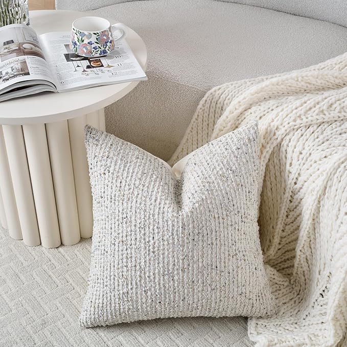 Striped Throw Pillow Covers 20x20 Set of 2 Cream Grey Textured Boucle Chic Morden Boho Accent Farmhouse Square Decorative Couch Pillow Covers for Home Decor Bed Sofa Living Room
