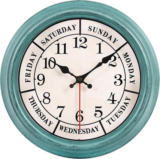 zyzamay 12 Inch Retro Wall Clock,Classic Day of The Week Wall Clock,Easy to Read,Non-Ticking Round Classic(Green)