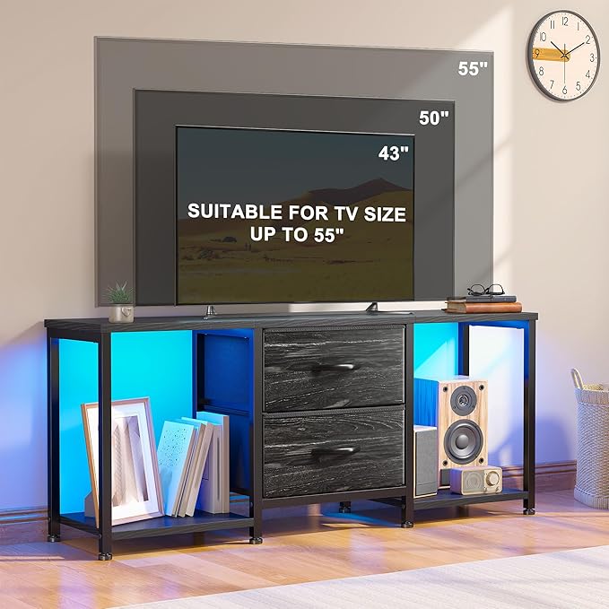 LED TV Stand Dresser for TVs up to 55 Inch, Entertainment Center with 2 Fabric Drawers and 2 Open Storage Shelves, Coffee Table Television Stands for Living Room, Bedroom, Wood Top, Metal Frame, Black