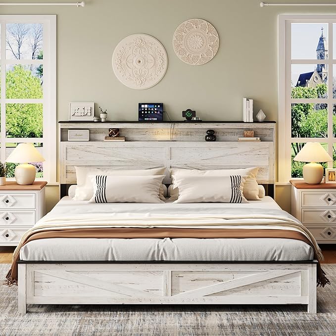 Farmhouse King Size Bed Frame with Headboard Storage Shelf, Wood Platform Bed Frame with LED Lights & Charging Station, Rustic White Metal Bed, No Box Spring Needed, Noise-Free Sturdy Structure