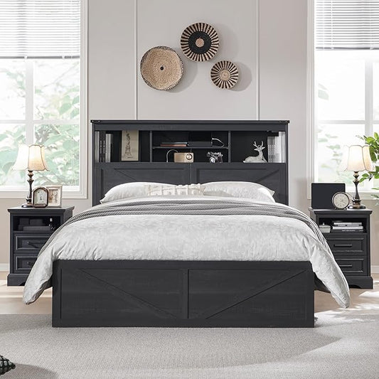 ACCOHOHO Full Bed Frame with 52" Tall Headboard and 4 Drawers,LED Light,Charging Station,Solid Wood Slats Support,No Box Spring Needed,Black