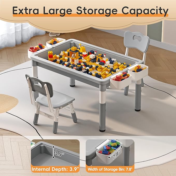 Kids Table and 2 Chairs with Storage, Children Water and Sand Activity Tables Height Adjustable, 34.6''L x 24.4''W Toddler Table for Buliding Blocks, Drawing, Eating, for Kids Age 2-10, Grey