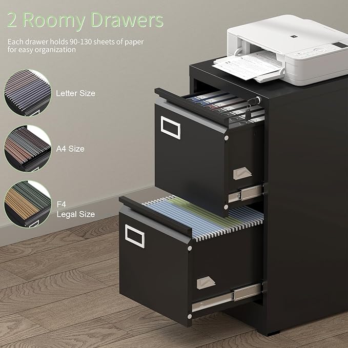 Filing Cabinet,2 Drawer File Cabinet with Lock,Small Filing Cabinets for Home Office,Letters/Legal/A4,Assembly Required,Black