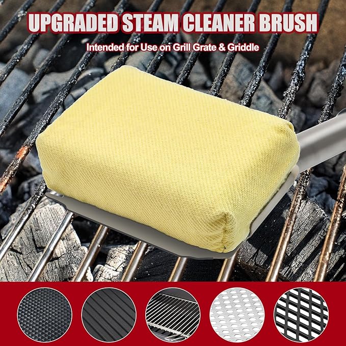 Steam Grill Brush-Grill Brush Bristle Free,Reinforced Grill Cleaner Scraper,Heat-Resistant Aramid Fiber Twill Pads,Replaceable Head Barbecue Grill Cleaner Brush,Grill Brush for Outdoor
