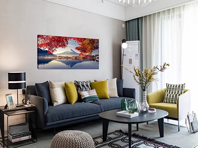 Canvas Prints Mountain Fuji with Morning Fog and red Leaves at Lake Kawaguchiko Nature Picture Wall Art Framed Artwork for Living Room Bedroom Kitchen Home and Office Wall Decor