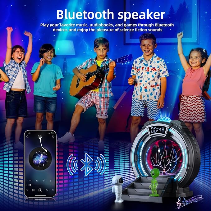 Space Portal Plasma Ball Night Light, LED Galaxy Projector Alien Lamp with White Noise, Bluetooth Music Speaker Alarm Clock,Remote,Star Light for Kids Room Decor Lamp, Christmas/Birthday Gift.(Gray)