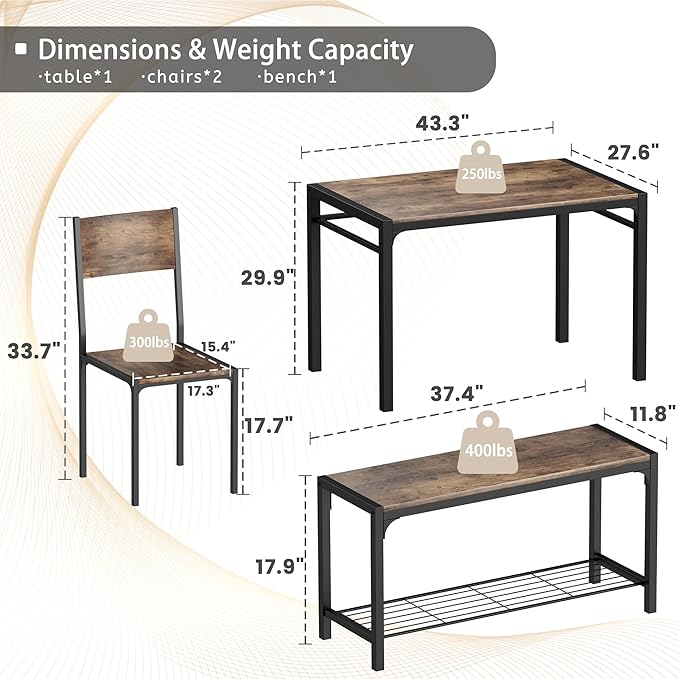 JUMMICO 43.3" Dining Table Set for 4, Kitchen Table with Bench & 2 Chairs Modern Rectangular Metal Frame Dining Furniture Set for Small Space (Rustic Brown)