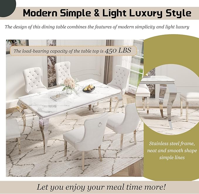 70" Large Marble Dining Table for 4-6 People, Modern Kitchen Table with Faux Marble top and Stainless Steel Leg, Perfect for Home Kitchen Living Room, White,Silver