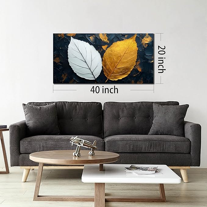 CANEITO Leaves Wall Art for Living Room, Black White and Gold Wall-Decor for Bedroom, Waterproof Canvas Print, Size 40x20 Inches
