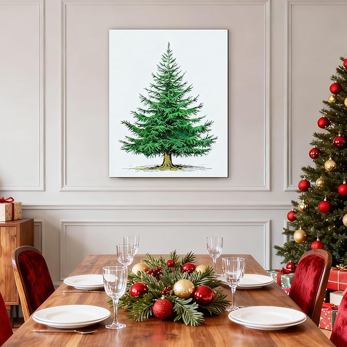 Framed Christmas Pictures Wall Decor,Vintage Pine Tree Prints,Winter Christmas Canvas Wall Art Decoration for Bedroom Bathroom Living Room Rustic Xmas Holiday Gifts (Christmas Tree 6, 16'' X 24'')