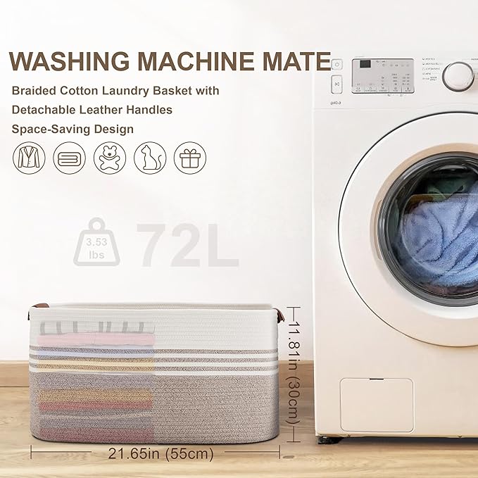 Laundry basket with leather handles for clothes,blankets,pillows,toys,towels,suitable for bedrooms and living rooms,cotton woven laundry hamper,extra large gift basket,22"x17"x12",Beige Brown