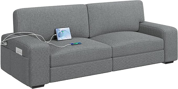 Yaheetech 83.5" W Modern Sofa Couch Corduroy Fabric Sofa with Detachable Cover, USB Charging Ports & Side Storage Pockets for Living Room Apartment, Dark Gray