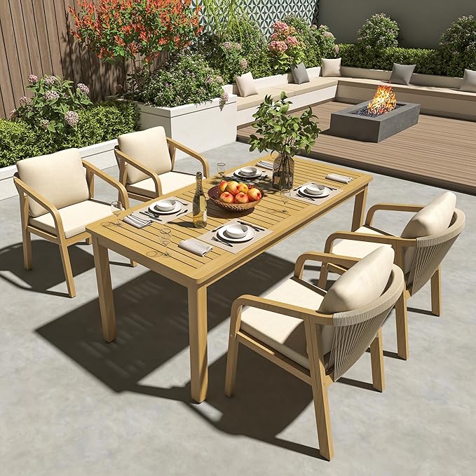 Wisteria Lane 5 Pieces Acacia Patio Dining Set for 4, Patio Dining Table and Chairs Set with Cushion, Modern Outdoor Dining Furniture Set for Lawn Backyard Garden Deck, Beige