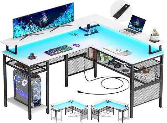 Unikito L-Shaped Desk with LED Strip and Power Outlets, Reversible Corner Computer Desk with Monitor Stand and Storage Shelf, Modern L-Shaped Gaming Table, Home Office Desk with USB Ports, White