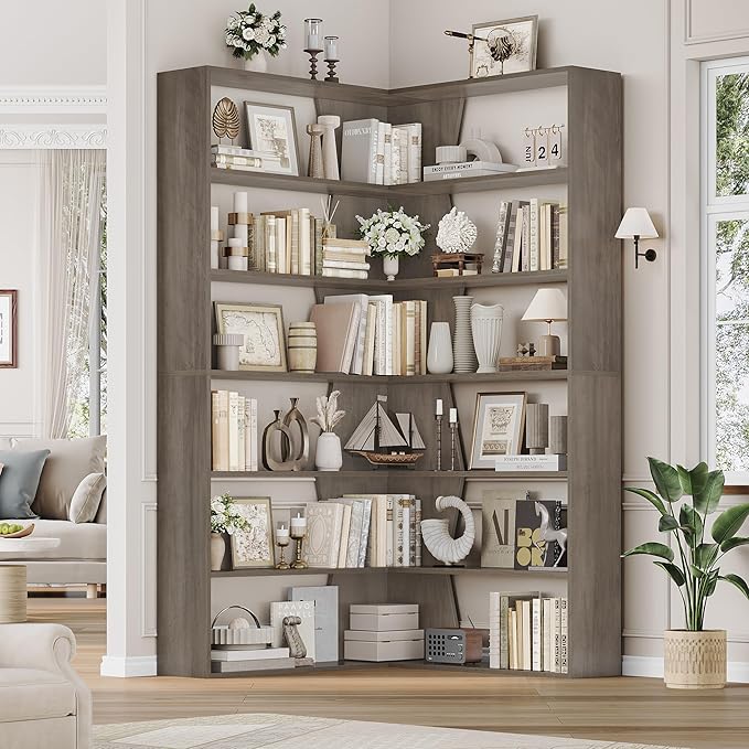 75" Corner Bookshelf, 6-Tier Modern Bookshelf and Bookcase, Tall Bookcase Open Display Storage, L Shaped Corner Shelf for Library, Living Room, Home Office, Gray