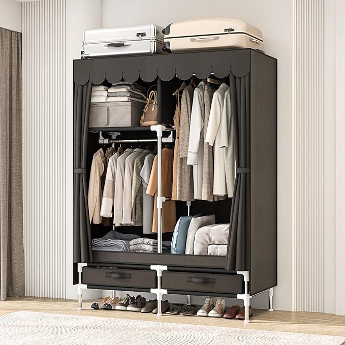 Small Portable Cloth Wardrobe Closet for Hanging Clothes with 2 Drawers,Brown Armoire with 2 Hanging Rods,Clothes Rack Storage Organizer with Non Woven Fabric Cover,for Bedroom