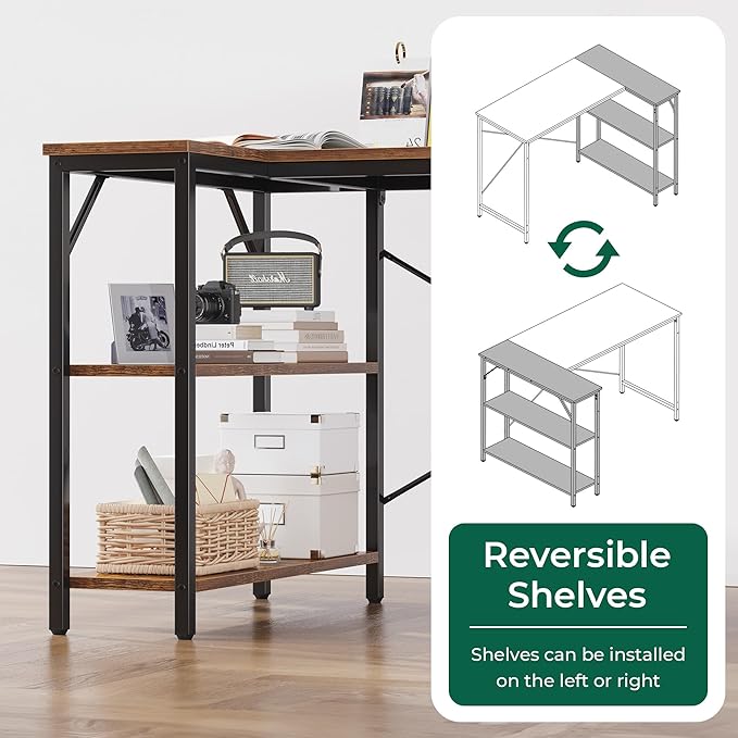 Huuger L Shaped Desk, 39 Inches Computer Desk with Reversible Storage Shelves, Gaming Desk, Corner Home Office Desks, Writing Study Desk with Metal Frame, Rustic Brown