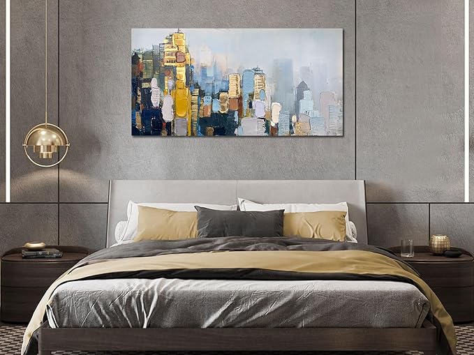Arjun Abstract Wall Art 3D Textured Skyline Canvas Painting Gold Grey Colorful Modern Cityscape Metropolitan Picture City Artwork Framed Large for Living Room Bedroom Home Office Wall Decor, 48"x24"