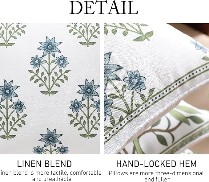 Design Fresh Linen Square Throw Pillow Covers 18"x18" Pack of 2, French White Cottage Cushion Covers with Blue Floral Branches Pattern Decor Pillowcases for Bed,Living Room,Outdoor,Car