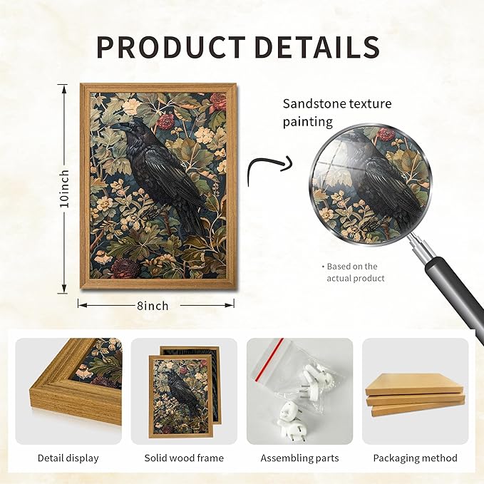 Framed 3D Textured Vintage Wall Art - Dark Academia Decor Hand Drawn Sandstone Black Crow Paintings with Botanical Florals, Aesthetic Wall Decor for Living Room Bedroom Home 8x10 inch