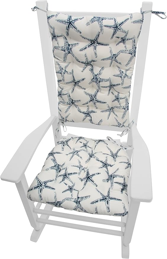 Sea Shore Starfish Navy Porch Rocker Cushions - Size X-Large - Indoor-Outdoor: Fade Resistant & Weatherproof - Latex Foam Filled Rocking Chair Seat Cushion & Backrest Pad Set - Made in USA (Blue-XL)