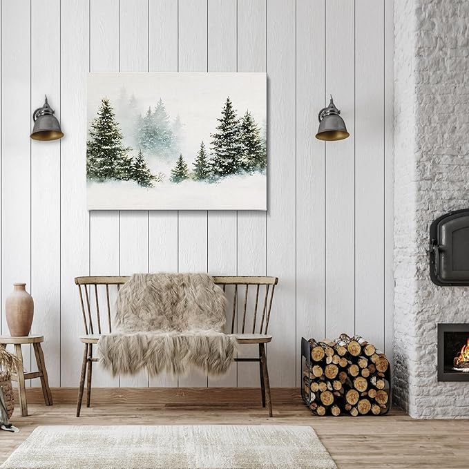 Rustic Pine Tree Christmas Canvas Wall Art - Snowy Winter Forest Landscape Framed Print for Living Room, Vintage Christmas Wall Decor, Cozy Christmas Gifts & Festive Winter Decor